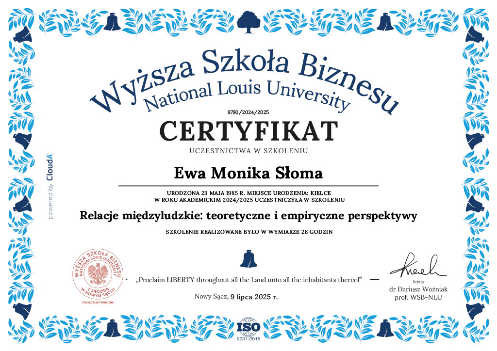 Certyfikat uczestnictwa w szkoleniu - Relacje międzyludzkie_ teoretyczne i empiryczne perspektywy